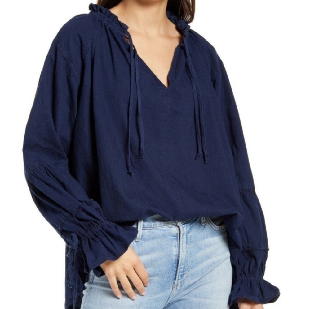 We The Free Alpine Dark Denim Peasant Boho Oversized Navy Blue Women's Top